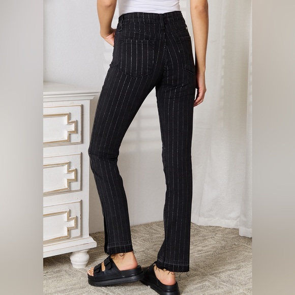 NEW Kancan Black 90s Style High Waisted Metallic Striped Straight Leg Pants - Picture 4 of 4